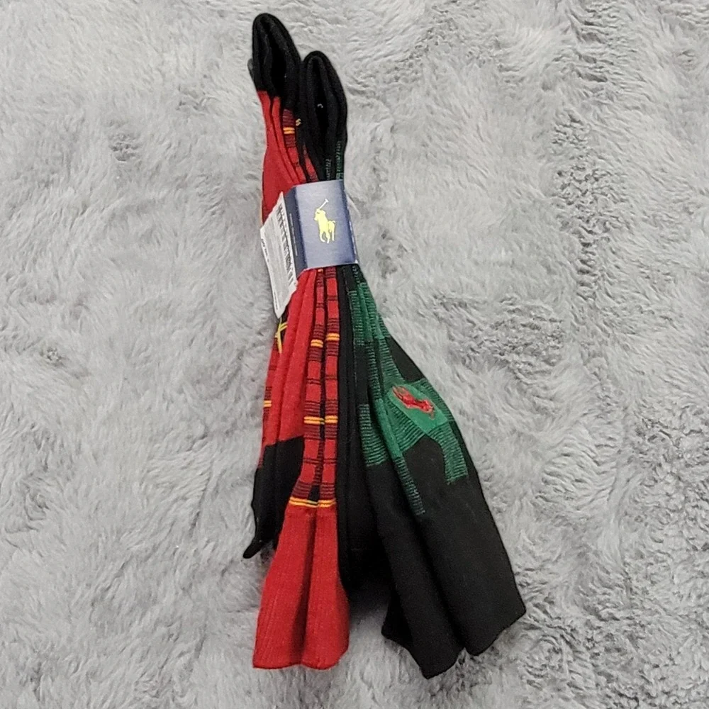 Polo Ralph Lauren Socks Mens 10-13 Red Green Plaid Pony Crew 2 Pairs Mid Calf